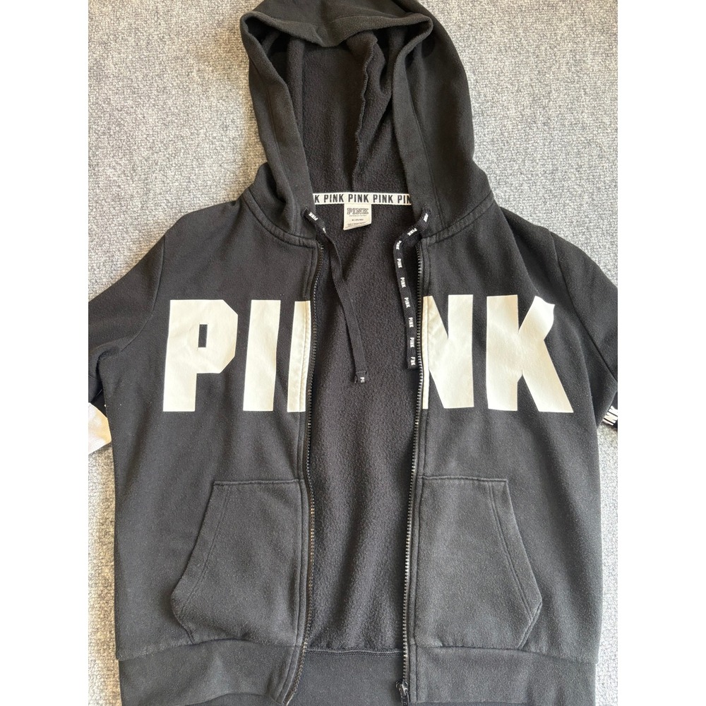 Pink Victoria's Secret Full Zip Hoodie Black White Logo Tape Sweatshirt Medium